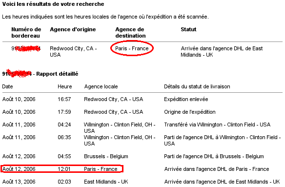 Suivi en ligne d'un envoi par DHL qui a comme point d'arrive 'Paris' et qui est pass par Paris avant de repartir en Angleterre