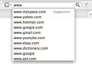 Case de recherche de firefox qui prsente les propositions de google suggest pour www qui a t tap. Les propositions sont dans l'ordre : www.myspace.com, www.yahoo.com, www.hotmail.com, www.google.com, www.gmail.com, www.youtube.com, www.ebay.com, www.dictioary.com, www.google, www.aol.com