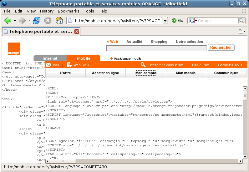 La page Mon Compte dont la frame principale et en code HTML, en plus de la frame de gauche.