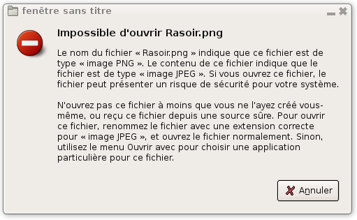 Le fichier a une extension .png alors qu'il contient une image jpeg, si vous n'tes pas sr de la provenance du fichier, ne l'ouvrez pas. Pour l'ouvrir quand mme, renommez le.