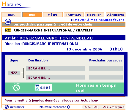 Capture du site de la RAPT indiquant 'ECRAN HS' comme prochain horaire