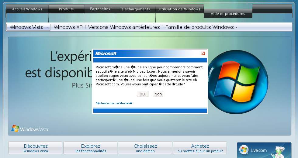 Le site microsoft avec de la pub pour Vista partout, qui s'affiche mal, et avec un message au premier plan demandant de participer  une enqute. Sur ce message les accents ne passent pas.